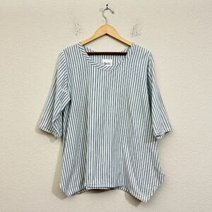 HEART'S DESIRE by Mary Grace Linen Top White Blue Striped Lagenlook